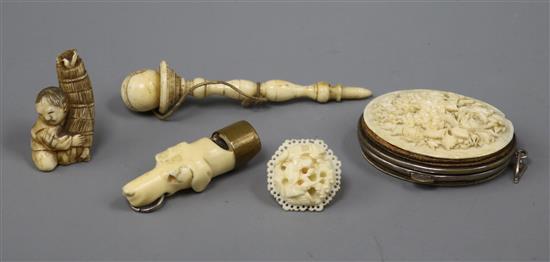 A Victorian ivory whistle modelled as the head of a hound and four other items,